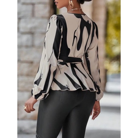 Kadın Uzun Kollu Kruvaze Yakalı Yandan Bağlamalı Kısa Beli Kuşaklı Modal Bluz, 30592