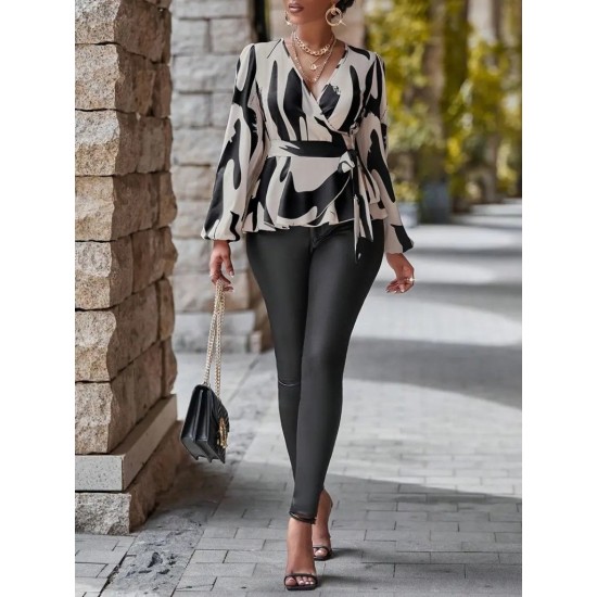 Kadın Uzun Kollu Kruvaze Yakalı Yandan Bağlamalı Kısa Beli Kuşaklı Modal Bluz, 30592