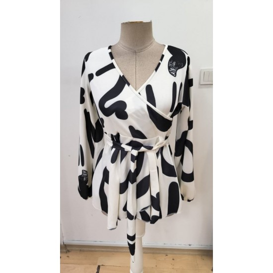 Kadın Uzun Kollu Kruvaze Yakalı Yandan Bağlamalı Kısa Beli Kuşaklı Modal Bluz, 30592