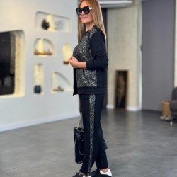 Kadın Uzun Kollu önden Fermuarlı Leopar Desenli Viskon Iki Iplik Bluz Ve Pantolon Ikili Takım , 30591