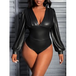 Kadın Uzun Kollu Derin V Yakalı Deri Zıbın, 30612