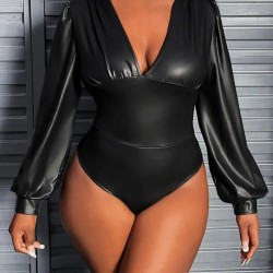 Kadın Uzun Kollu Derin V Yakalı Deri Zıbın, 30612