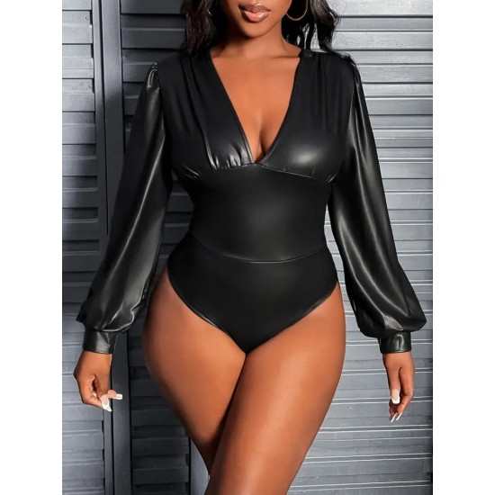 Kadın Uzun Kollu Derin V Yakalı Deri Zıbın, 30612