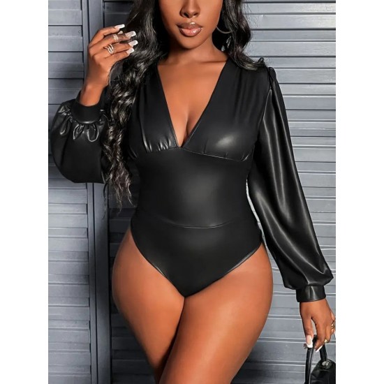 Kadın Uzun Kollu Derin V Yakalı Deri Zıbın, 30612