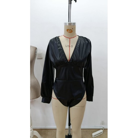 Kadın Uzun Kollu Derin V Yakalı Deri Zıbın, 30612