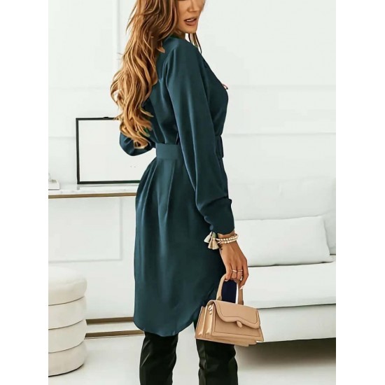 Kadın Uzun Kollu Yakalı Belden Kemerli Kıs Ithal Krep Elbise , 30605