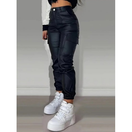 Kadın Yüksek Bel Yan Kargo Cep Detaylı Deri Pantolon , 30602