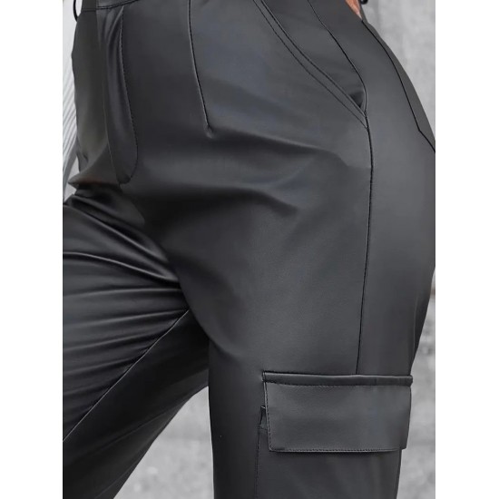 Kadın Yüksek Bel Yan Kargo Cep Detaylı Deri Pantolon , 30602