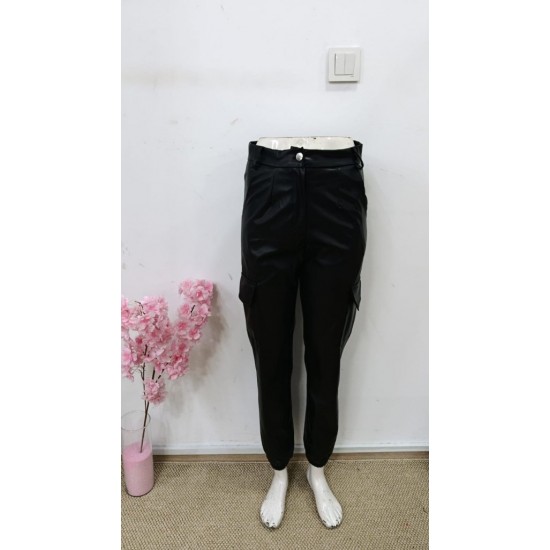 Kadın Yüksek Bel Yan Kargo Cep Detaylı Deri Pantolon , 30602