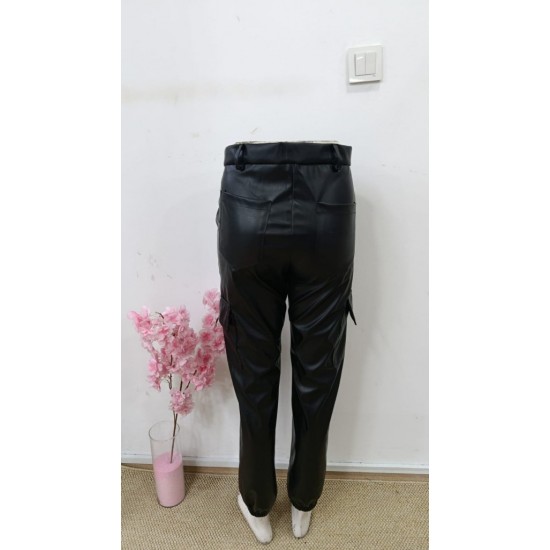 Kadın Yüksek Bel Yan Kargo Cep Detaylı Deri Pantolon , 30602