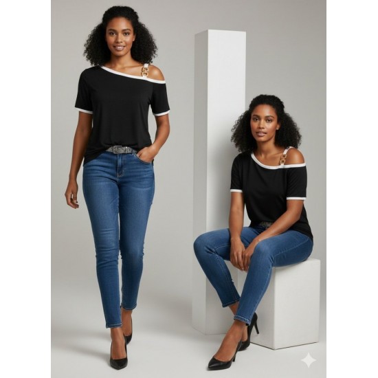 Kadın Kısa Kollu Tek Omuzu Açık Askı Toka Detaylı Viskon Bluz, 30601