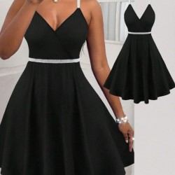 Kadın Sırttan çapraz Detaylı V Yakalı Kısa Kiloş Janjan Krep Elbise, 30600