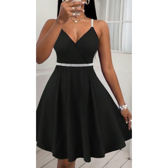 Kadın Sırttan çapraz Detaylı V Yakalı Kısa Kiloş Janjan Krep Elbise, 30600