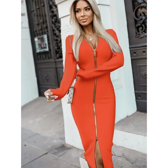 Kadın Uzun Kollu önden Fermuarlı Midi Ottoman Elbise, 30599