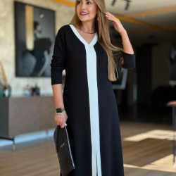 Kadın Uzun Kollu V şerit Yakalı önden Kısa Yırtmaçlı Detaylı Midi Viskon Iki Iplik Elbise , 30596