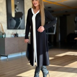 Kadın Uzun Kollu V şerit Yakalı önden Kısa Yırtmaçlı Detaylı Midi Viskon Iki Iplik Elbise , 30596