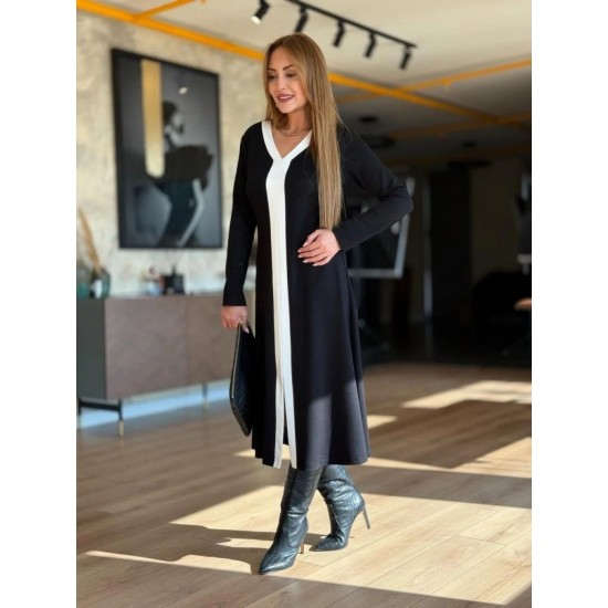 Kadın Uzun Kollu V şerit Yakalı önden Kısa Yırtmaçlı Detaylı Midi Viskon Iki Iplik Elbise , 30596