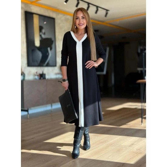 Kadın Uzun Kollu V şerit Yakalı önden Kısa Yırtmaçlı Detaylı Midi Viskon Iki Iplik Elbise , 30596