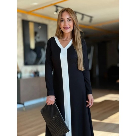 Kadın Uzun Kollu V şerit Yakalı önden Kısa Yırtmaçlı Detaylı Midi Viskon Iki Iplik Elbise , 30596