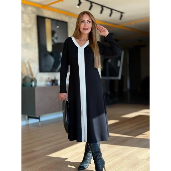 Kadın Uzun Kollu V şerit Yakalı önden Kısa Yırtmaçlı Detaylı Midi Viskon Iki Iplik Elbise , 30596