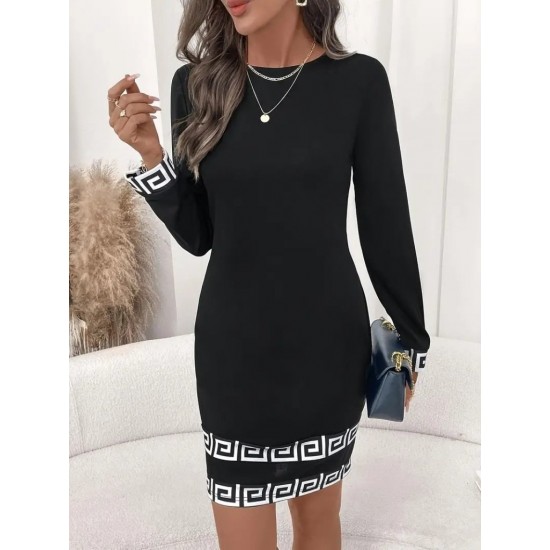 Kadın Uzun Kollu Bisiklet Yaka Mini Ithal Krep Elbise , 30614