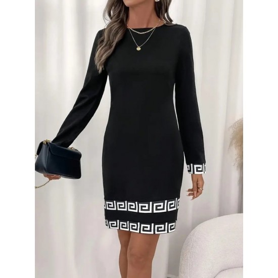 Kadın Uzun Kollu Bisiklet Yaka Mini Ithal Krep Elbise , 30614