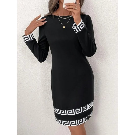 Kadın Uzun Kollu Bisiklet Yaka Mini Ithal Krep Elbise , 30614