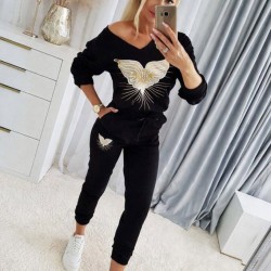 Kadın Uzun Kollu V Yakalı Desenli Viskon Iki Iplik Bluz Ve Pantolon Ikili Takım , 30616