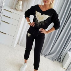 Kadın Uzun Kollu V Yakalı Desenli Viskon Iki Iplik Bluz Ve Pantolon Ikili Takım , 30616