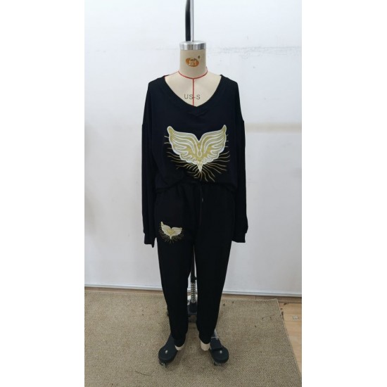 Kadın Uzun Kollu V Yakalı Desenli Viskon Iki Iplik Bluz Ve Pantolon Ikili Takım , 30616