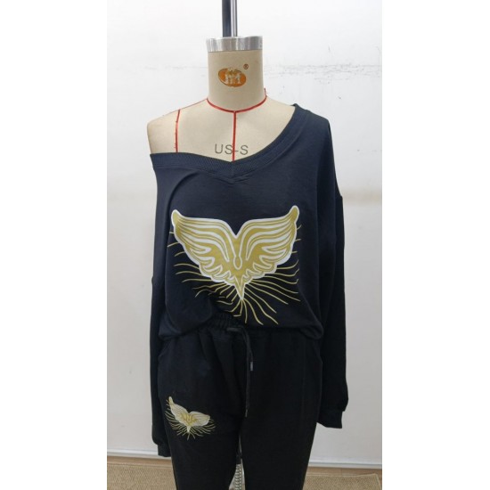 Kadın Uzun Kollu V Yakalı Desenli Viskon Iki Iplik Bluz Ve Pantolon Ikili Takım , 30616