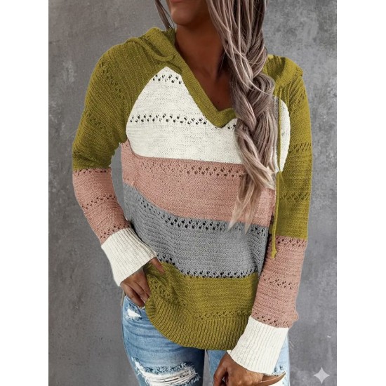 Kadın Uzun Kollu V Yakalı Bağcıklı Kapşonlu Triko Bluz , 30617