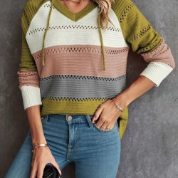 Kadın Uzun Kollu V Yakalı Bağcıklı Kapşonlu Triko Bluz , 30617