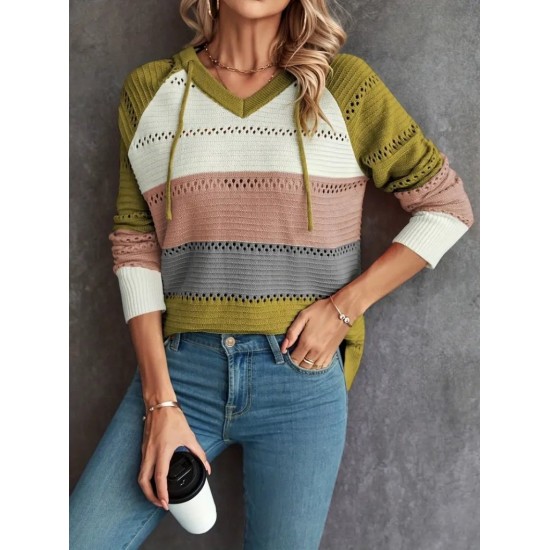 Kadın Uzun Kollu V Yakalı Bağcıklı Kapşonlu Triko Bluz , 30617