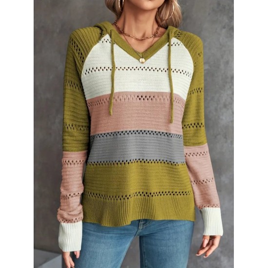 Kadın Uzun Kollu V Yakalı Bağcıklı Kapşonlu Triko Bluz , 30617