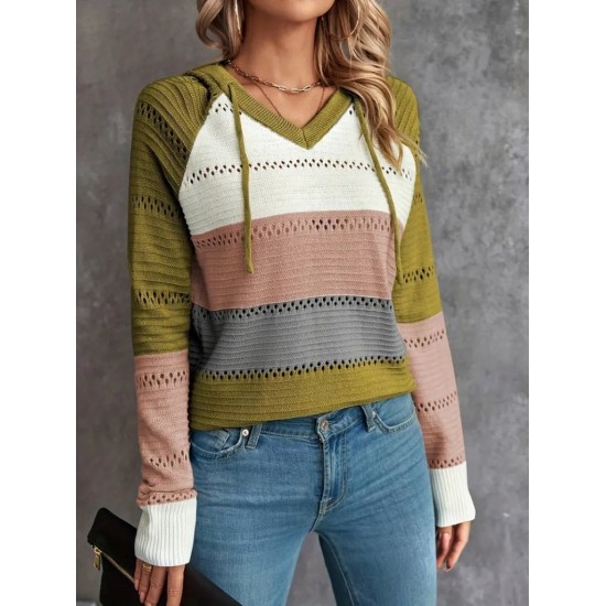 Kadın Uzun Kollu V Yakalı Bağcıklı Kapşonlu Triko Bluz , 30617