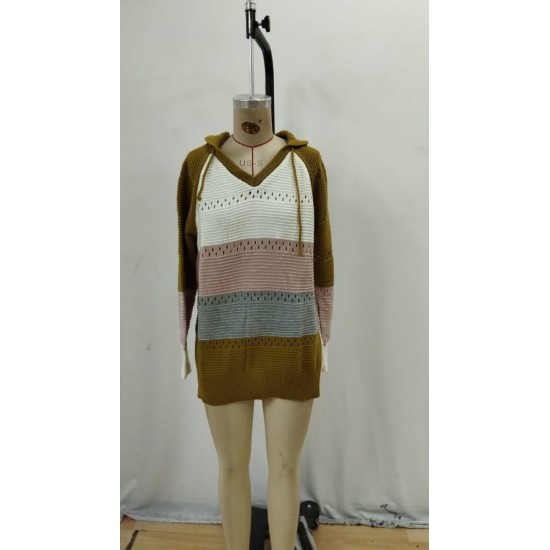 Kadın Uzun Kollu V Yakalı Bağcıklı Kapşonlu Triko Bluz , 30617