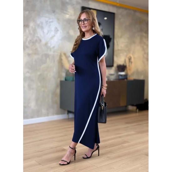 Kadın Kısa Kollu Bisiklet Yaka çift şerit Renk Detaylı Asimetrik Kesim Viskon Iki Iplik Elbise , 30618