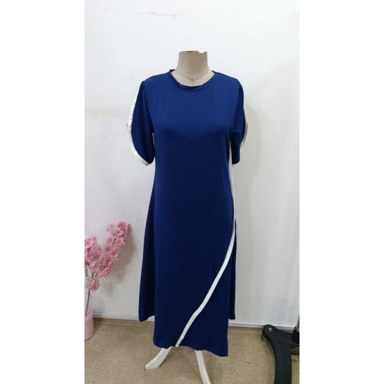 Kadın Kısa Kollu Bisiklet Yaka çift şerit Renk Detaylı Asimetrik Kesim Viskon Iki Iplik Elbise , 30618