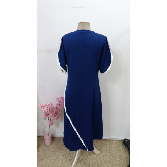 Kadın Kısa Kollu Bisiklet Yaka çift şerit Renk Detaylı Asimetrik Kesim Viskon Iki Iplik Elbise , 30618