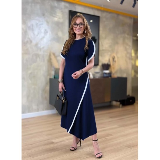 Kadın Kısa Kollu Bisiklet Yaka çift şerit Renk Detaylı Asimetrik Kesim Viskon Iki Iplik Elbise , 30618