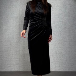 Kadı Uzun Kollu Omuzdan Büzgülü Yandan Taş Detaylı Uzun Kadife Elbise , 30620