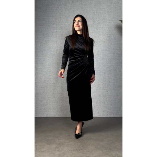 Kadı Uzun Kollu Omuzdan Büzgülü Yandan Taş Detaylı Uzun Kadife Elbise , 30620