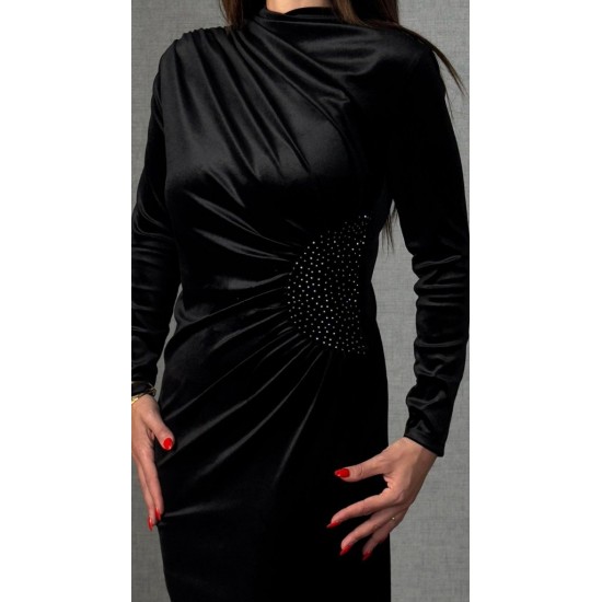 Kadı Uzun Kollu Omuzdan Büzgülü Yandan Taş Detaylı Uzun Kadife Elbise , 30620