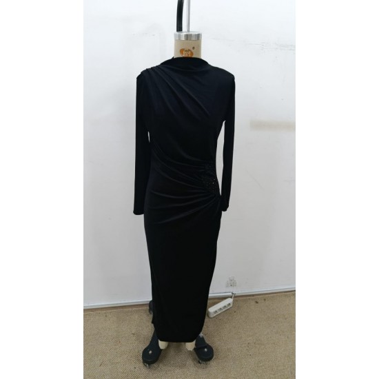 Kadı Uzun Kollu Omuzdan Büzgülü Yandan Taş Detaylı Uzun Kadife Elbise , 30620