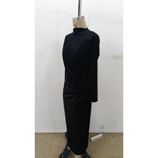 Kadı Uzun Kollu Omuzdan Büzgülü Yandan Taş Detaylı Uzun Kadife Elbise , 30620