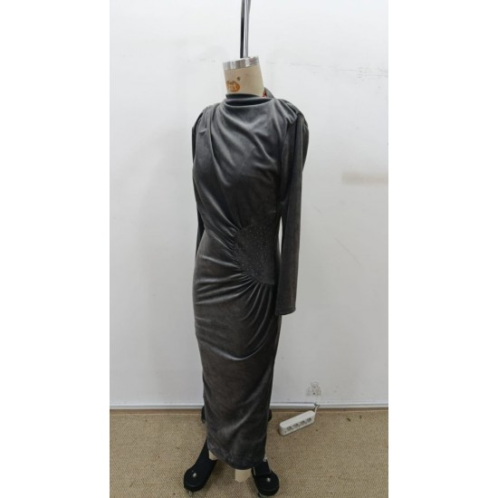 Kadı Uzun Kollu Omuzdan Büzgülü Yandan Taş Detaylı Uzun Kadife Elbise , 30619