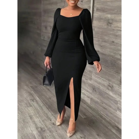 Kadın Uzun Kollu Geometrik Yakalı Yandan Yırtmaçlı Uzun Janjan Krep Elbise , 30633