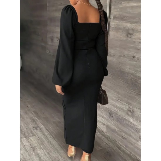 Kadın Uzun Kollu Geometrik Yakalı Yandan Yırtmaçlı Uzun Janjan Krep Elbise , 30633