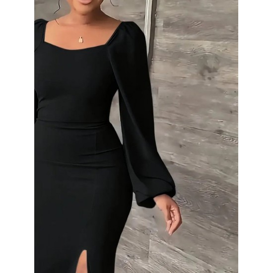 Kadın Uzun Kollu Geometrik Yakalı Yandan Yırtmaçlı Uzun Janjan Krep Elbise , 30633